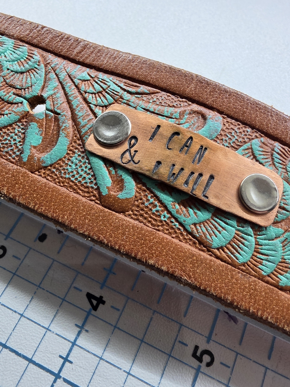 Up-cycled Leather Bracelet with Turquoise Accent - I Can & I Will | Approx 9.5"